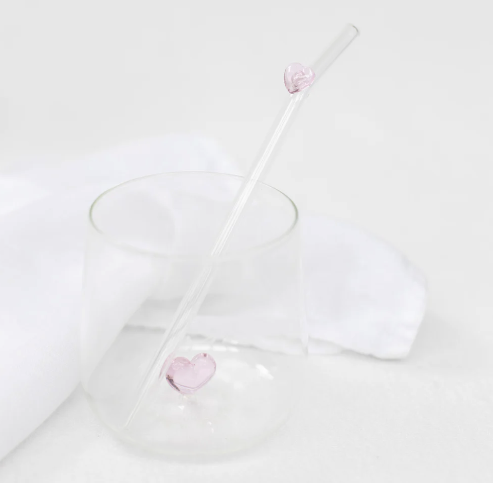 Paille en Verre - Coeur Rose (4pces)