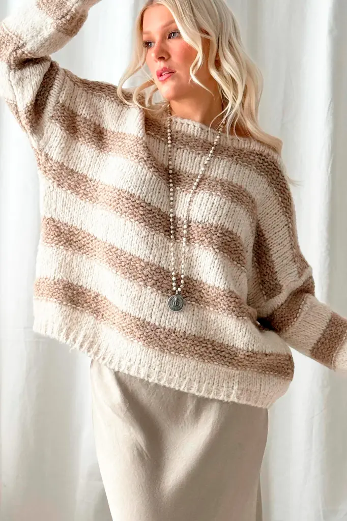 BYPIAS - Pull à rayures boucle, blanc cassé/beige ONE SIZE