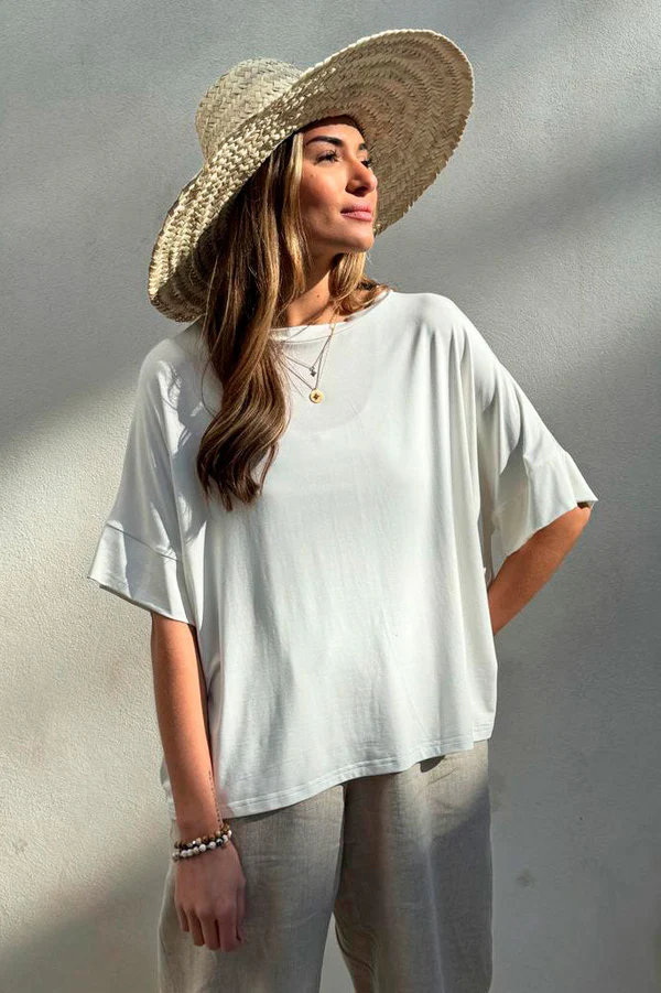 BYPIAS - T-Shirt Bamboo Oversized T-Paita  (L/XL, Beige)